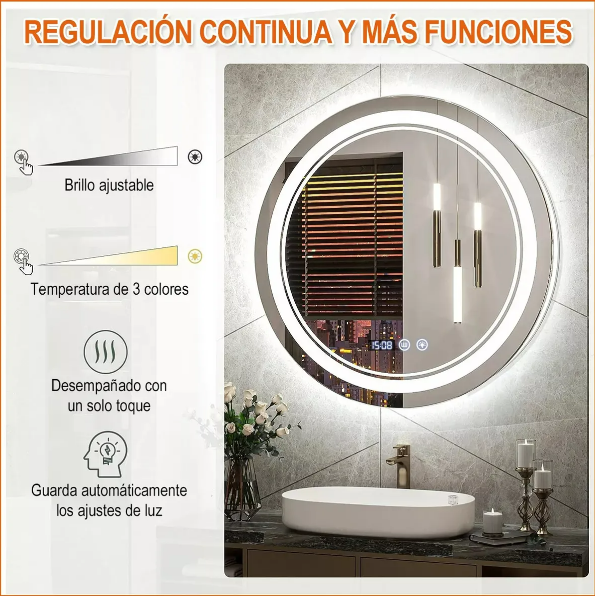 Foto 6 pulgar | Espejo Inteligente Decorativo Moderno Con Luz Led 60 Cm X 60 Cm