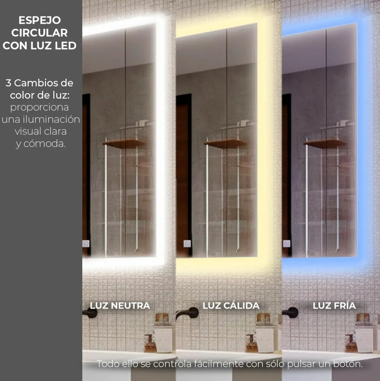 Foto 7 pulgar | Espejo Luz Led De Pared Tocador Baño Touch Cambio 3 Luces
