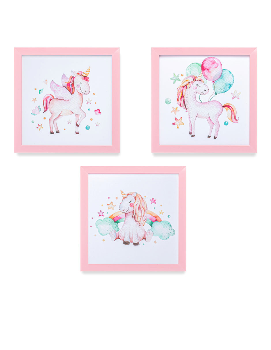 Set de 3 Cuadros Unicornio Paspartú Frames Marco color Rosa Claro