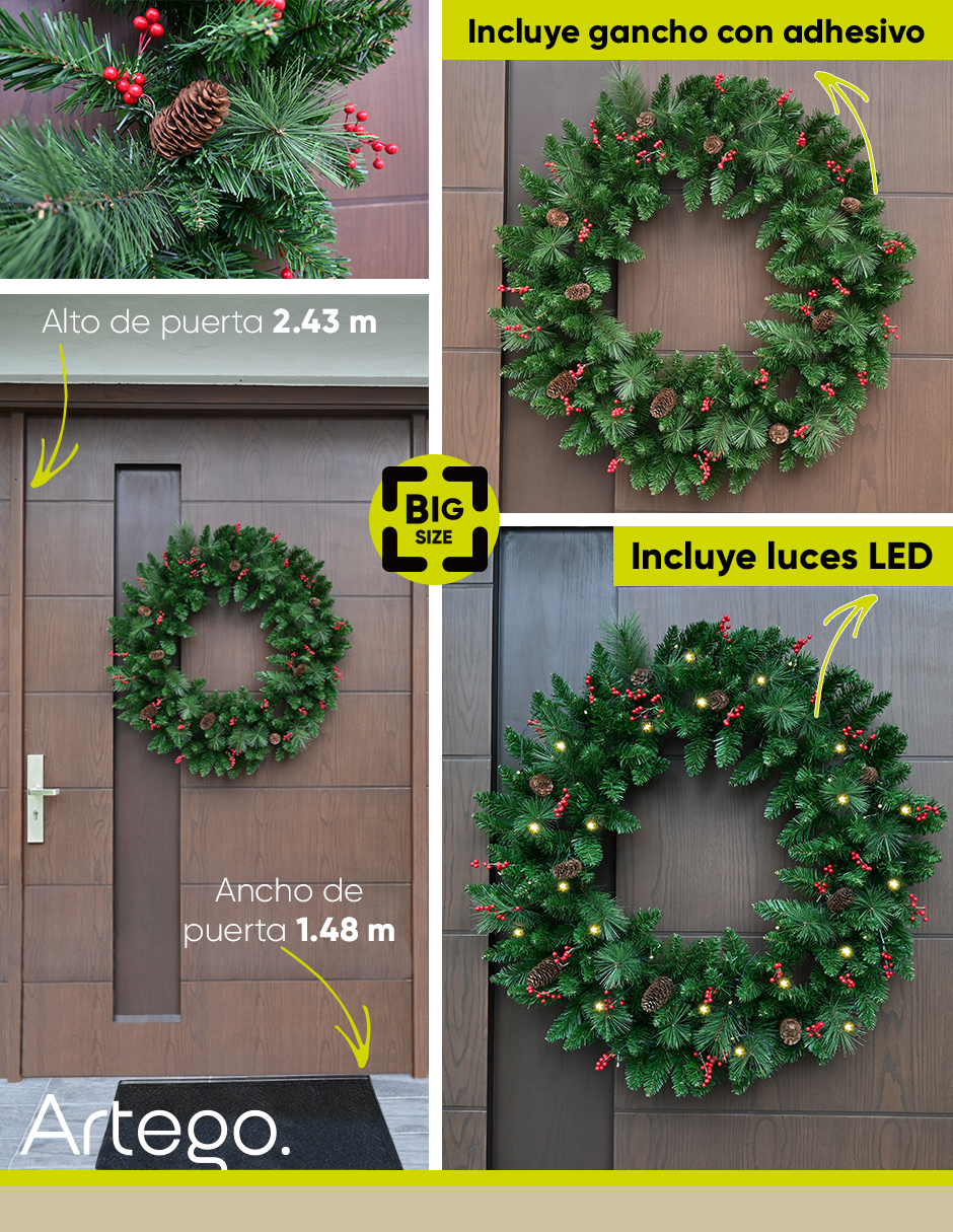 Foto 2 | Corona De Navidad 80 Cm Con Luces Led Con Cerezas Y Piñas Artego