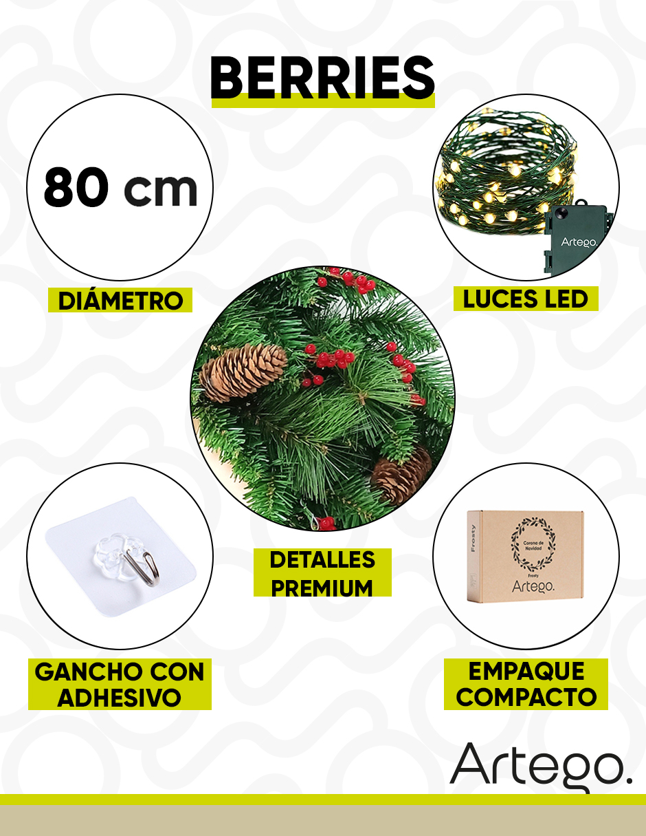 Foto 4 pulgar | Corona De Navidad 80 Cm Con Luces Led Con Cerezas Y Piñas Artego