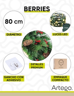 Foto 3 | Corona De Navidad 80 Cm Con Luces Led Con Cerezas Y Piñas Artego
