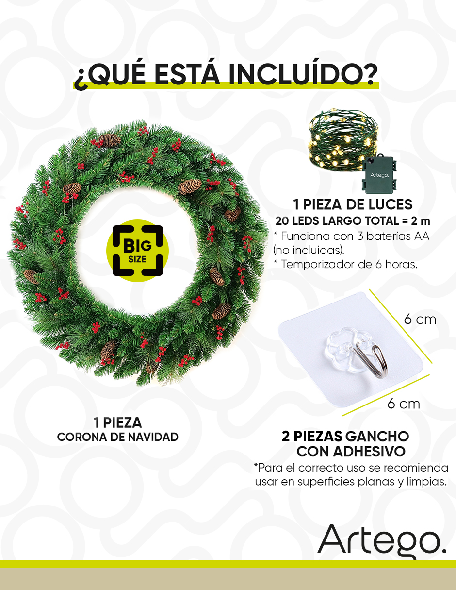 Foto 6 pulgar | Corona De Navidad 80 Cm Con Luces Led Con Cerezas Y Piñas Artego