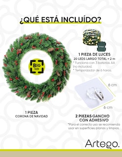 Foto 5 | Corona De Navidad 80 Cm Con Luces Led Con Cerezas Y Piñas Artego