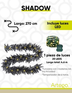 Foto 4 | Guirnalda De Navidad Shadow Decorativa Navideña 270cm Con Luces Led Semi Nevada Color Negro Natural Decoración Realista