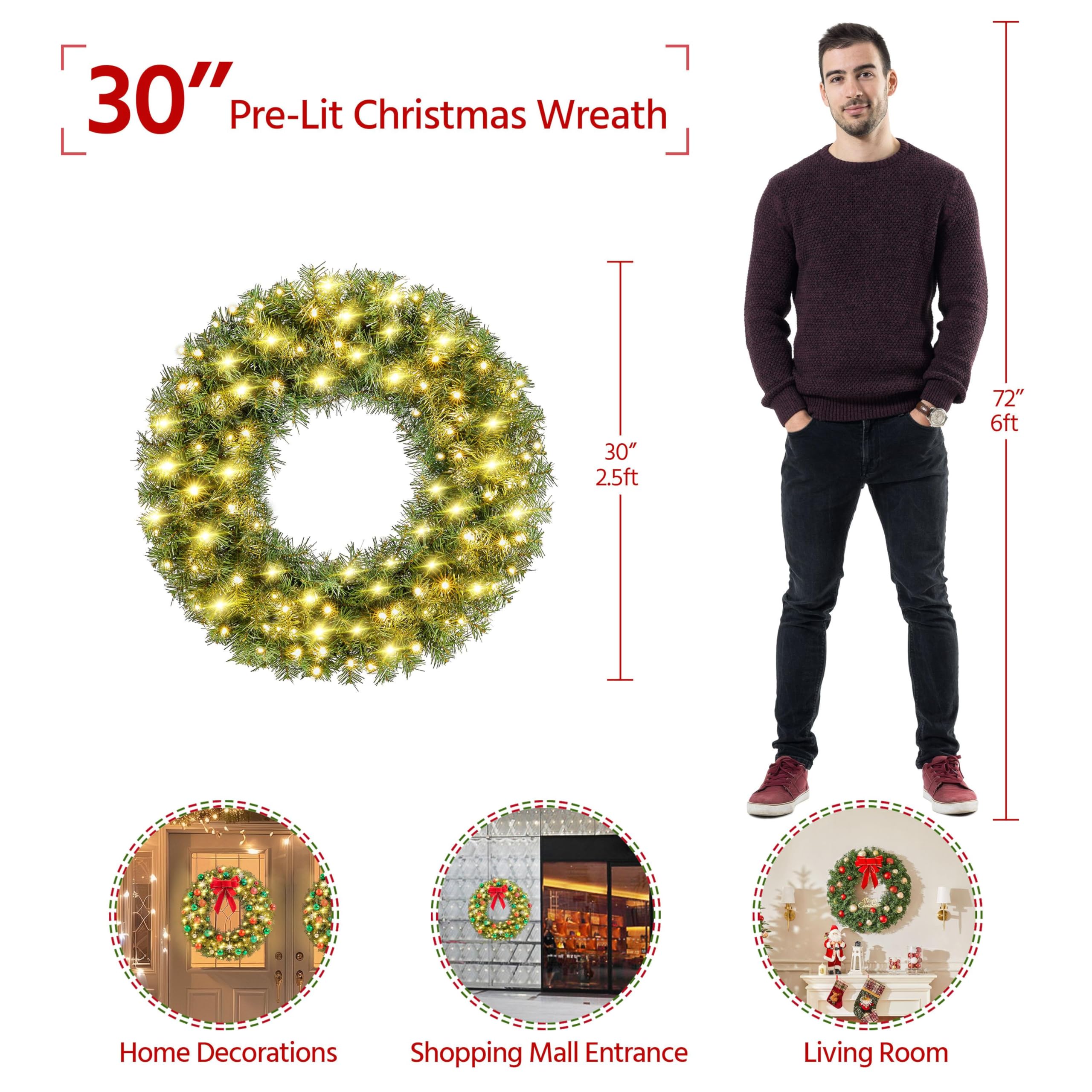 Foto 3 | Corona Navideña Yaheetech De 76 Cm Con 110 Luces Led Y Lazo Rojo - Venta Internacional.