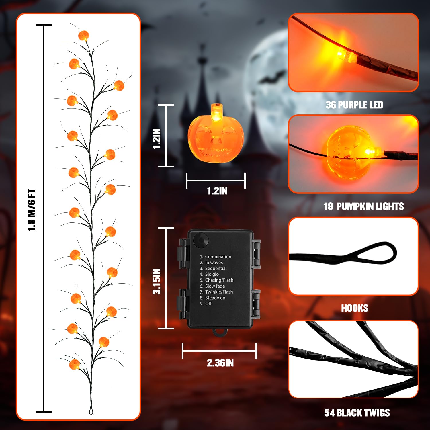 Foto 7 | Guirnalda De Halloween Jmexsuss Willow Luces De 6 Pies Con 8 Modos - Venta Internacional.