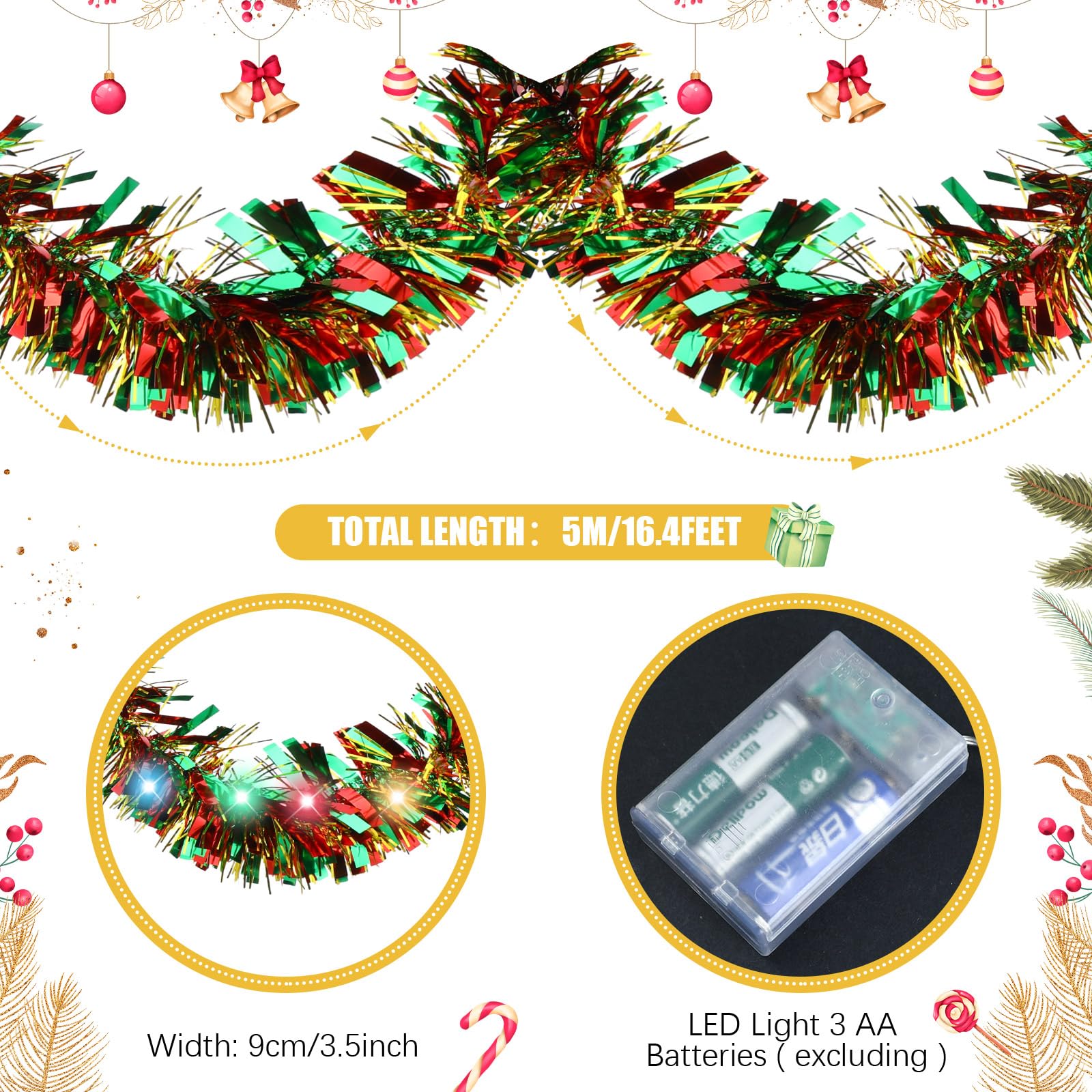 Foto 3 | Guirnalda Con Diseño De Árbol De Navidad, Diseño Kingdder, Preiluminada, Con Luces, 5 M - Venta Internacional.