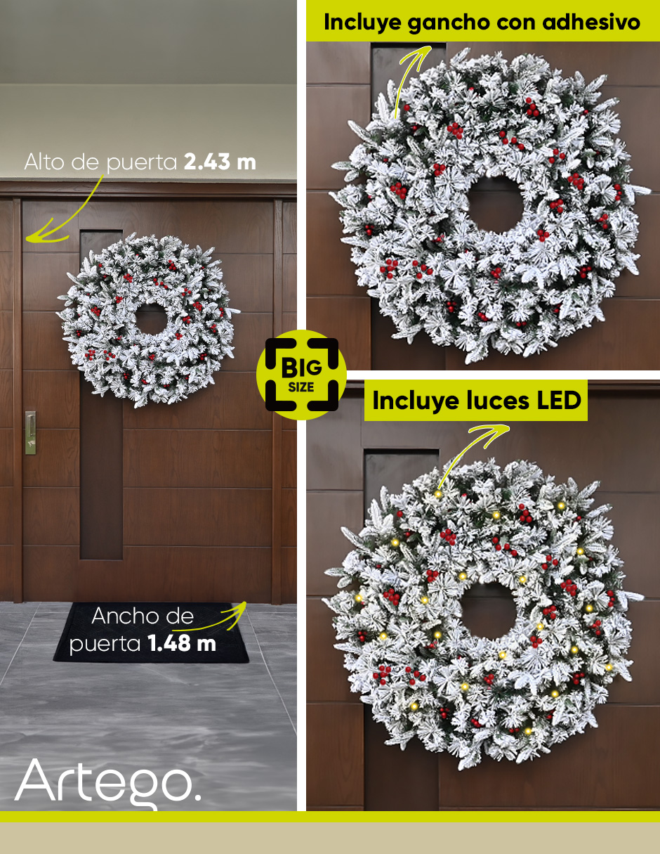Foto 3 pulgar | Corona De Navidad Nevada De 80cm Huge Big Size Iluminada Con Berries Y 3 Tipos De Rama Premium Claret Guirnalda