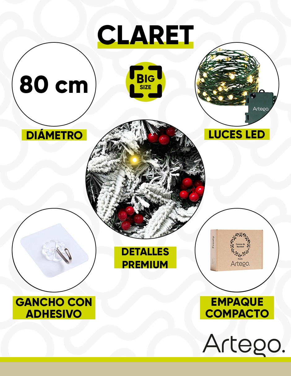 Foto 4 pulgar | Corona De Navidad Nevada De 80cm Huge Big Size Iluminada Con Berries Y 3 Tipos De Rama Premium Claret Guirnalda