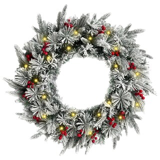 Foto 1 | Corona De Navidad 50cm Iluminada Nevada Con Berries Y Ramas Premium Cerise Con 3 Tipos De Rama Pe, Pine Y Pvc Guirn