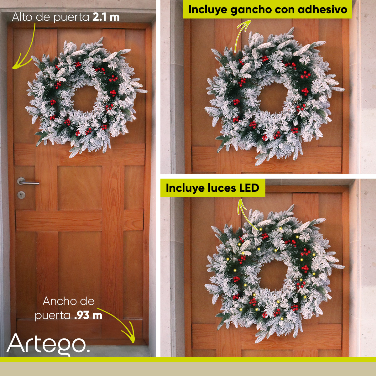 Foto 3 pulgar | Corona De Navidad 50cm Iluminada Nevada Con Berries Y Ramas Premium Cerise Con 3 Tipos De Rama Pe, Pine Y Pvc Guirn