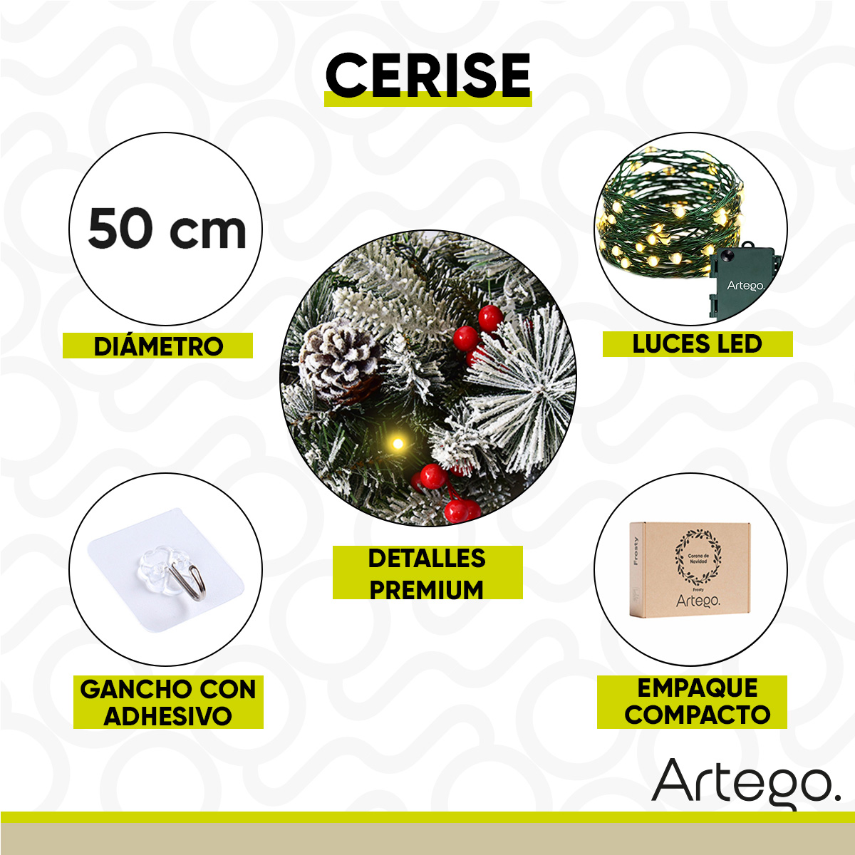Foto 3 | Corona De Navidad 50cm Iluminada Nevada Con Berries Y Ramas Premium Cerise Con 3 Tipos De Rama Pe, Pine Y Pvc Guirn