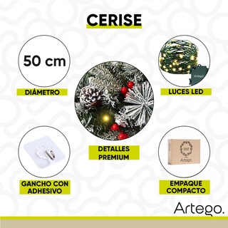 Foto 3 | Corona De Navidad 50cm Iluminada Nevada Con Berries Y Ramas Premium Cerise Con 3 Tipos De Rama Pe, Pine Y Pvc Guirn