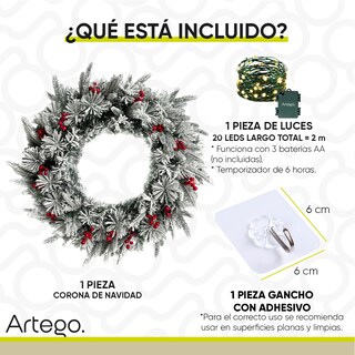 Foto 5 | Corona De Navidad 50cm Iluminada Nevada Con Berries Y Ramas Premium Cerise Con 3 Tipos De Rama Pe, Pine Y Pvc Guirn