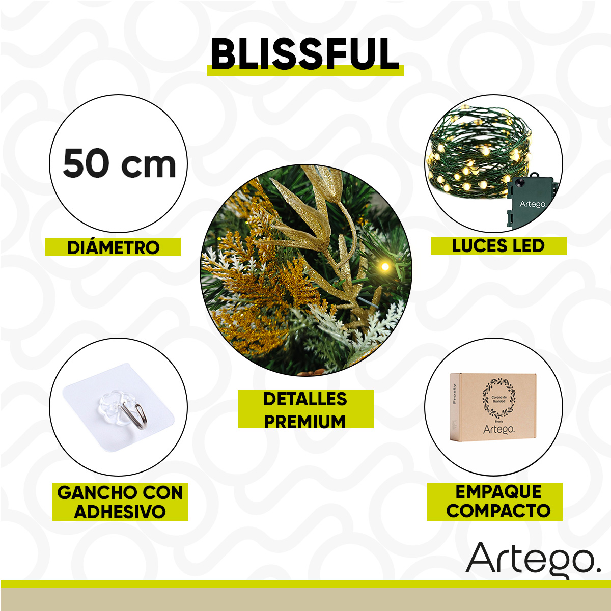 Foto 3 | Corona De Navidad 50cm Iluminada Dorada Con Piñas Blissful Con 2 Tipos De Rama Pvc Y Pe Guirnalda Luces Led Cálida Ne