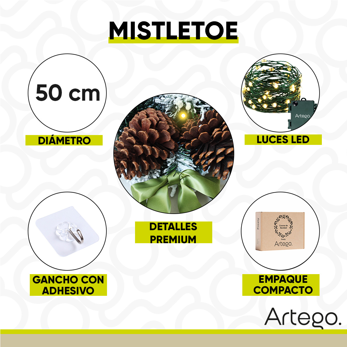 Foto 3 | Corona De Navidad 50cm Iluminada Nevada Con 2 Piñas Gigantes Mistletoe Con 2 Tipos De Rama Pine Y Pvc Guirnalda Luces