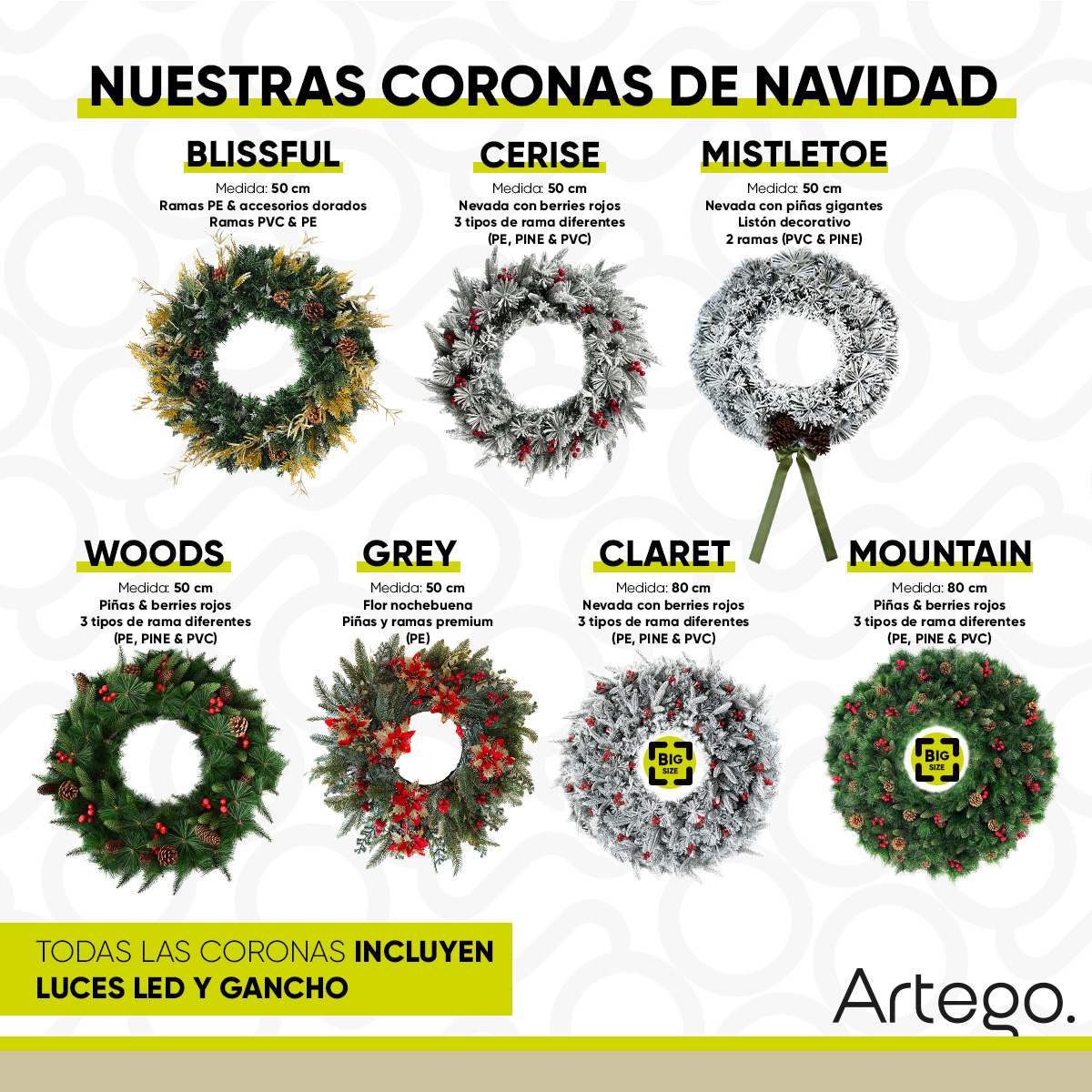 Foto 7 pulgar | Corona De Navidad 50cm Iluminada Nevada Con 2 Piñas Gigantes Mistletoe Con 2 Tipos De Rama Pine Y Pvc Guirnalda Luces
