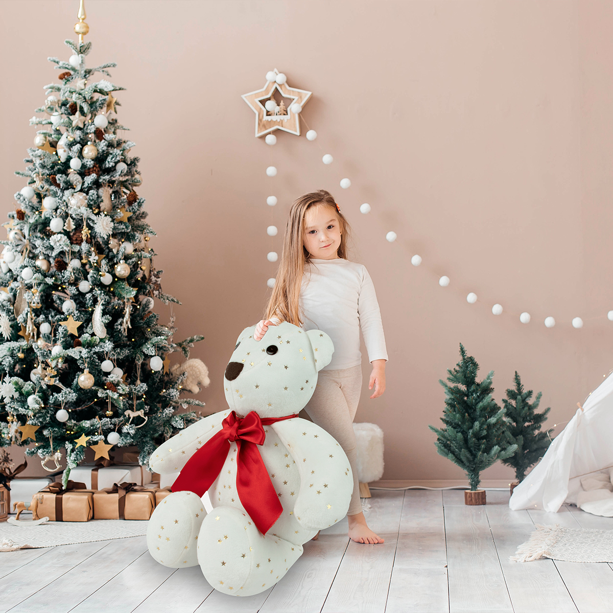 Foto 7 pulgar | Oso Navideño de Tela Metálica Tv Ofertas Fredo Hueso con Estrellas 140 cm