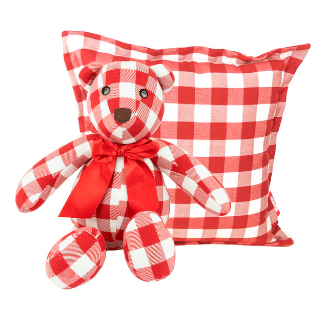 Oso Grande 40 Cm + 1 Cojín de Cuadros 45 cm Tv Ofertas Fredo Rojo Adorno Navideño