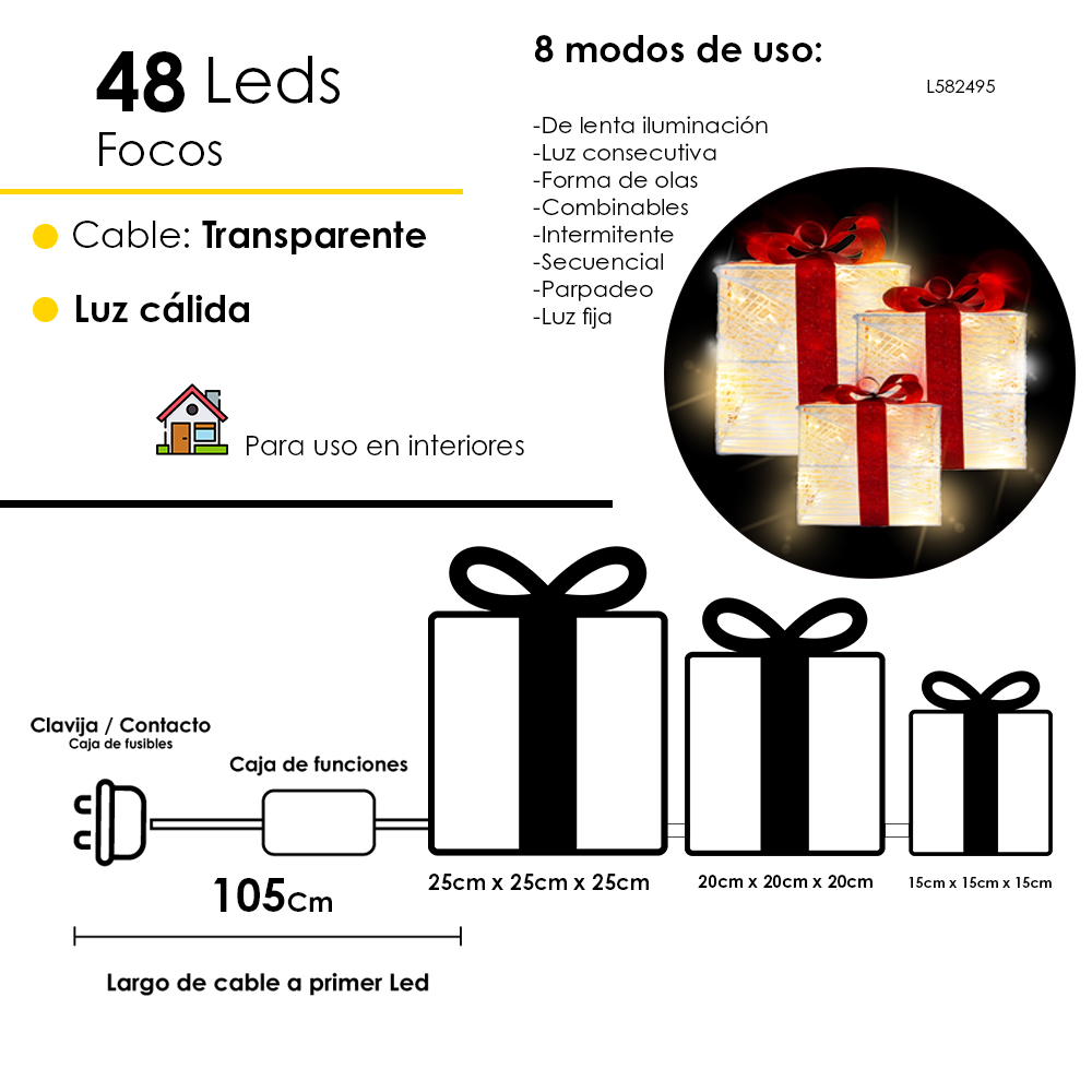 Foto 2 | Caja De Regalo Con Luz Led 3 Piezas Decoración Navideña Regalos Con Luces Decorativas Base Metalica