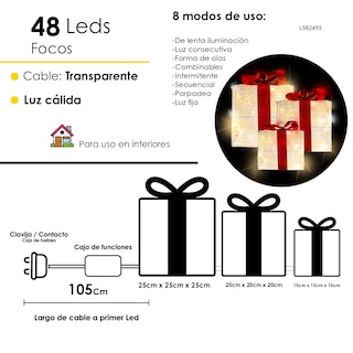 Foto 2 | Caja De Regalo Con Luz Led 3 Piezas Decoración Navideña Regalos Con Luces Decorativas Base Metalica