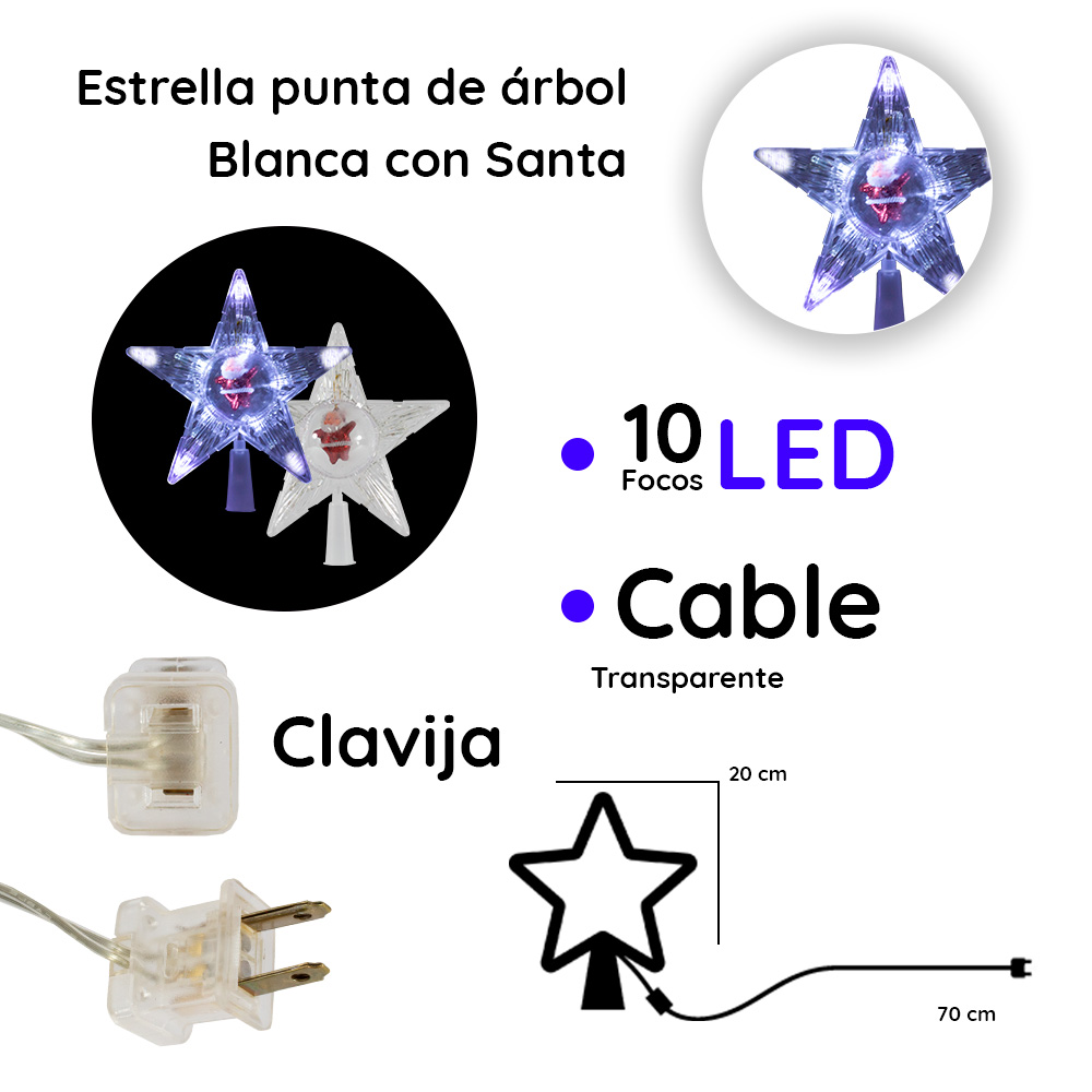 Foto 3 pulgar | Punta De Árbol Estrella Blanca Luz Led Importadora La Merced Santa Claus Plástico Resistente