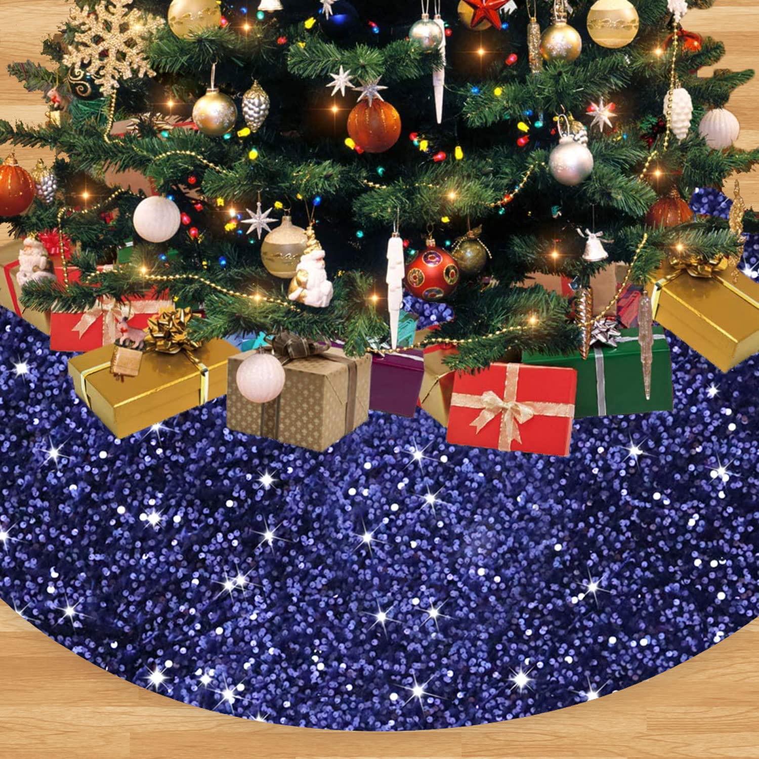 Foto 1 | Falda Para Árbol De Navidad Fanproms, Azul Marino, 91 Cm, Lentejuelas Brillantes - Venta Internacional.