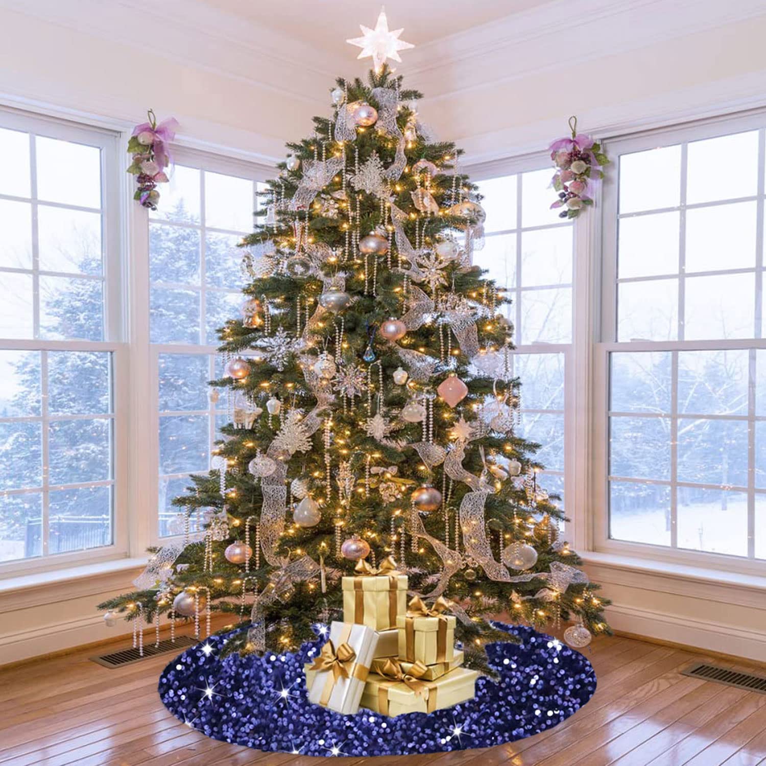 Foto 2 | Falda Para Árbol De Navidad Fanproms, Azul Marino, 91 Cm, Lentejuelas Brillantes - Venta Internacional.