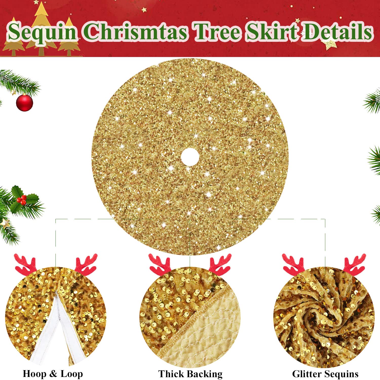 Foto 4 pulgar | Falda Para Árbol De Navidad Modfuns, Lentejuelas Doradas, 36 Cm De Diámetro - Venta Internacional.
