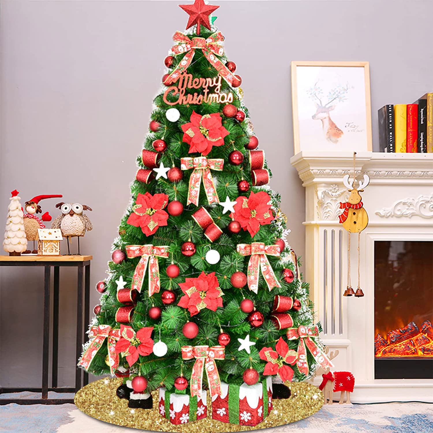 Foto 5 pulgar | Falda Para Árbol De Navidad Modfuns, Lentejuelas Doradas, 36 Cm De Diámetro - Venta Internacional.