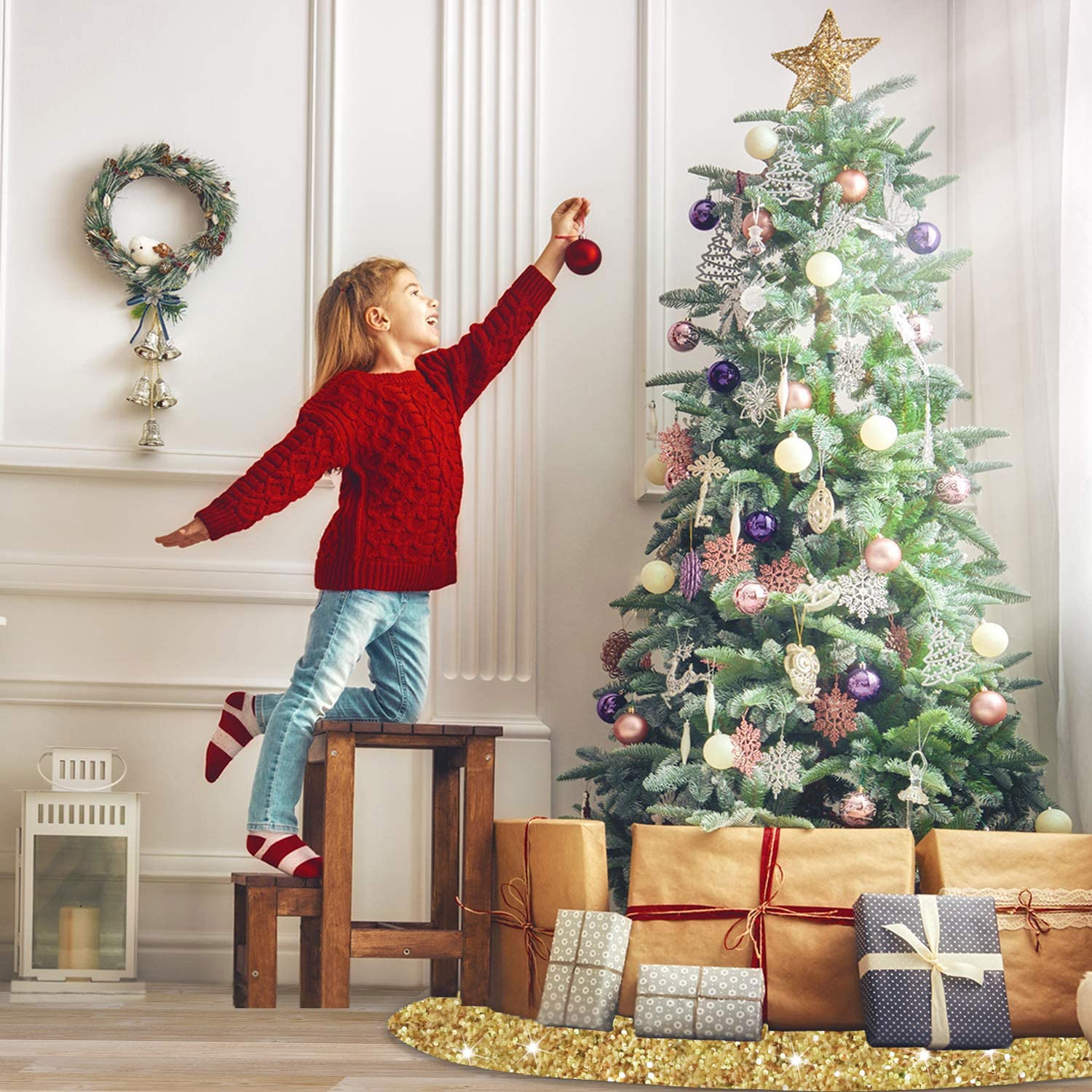 Foto 6 pulgar | Falda Para Árbol De Navidad Modfuns, Lentejuelas Doradas, 36 Cm De Diámetro - Venta Internacional.