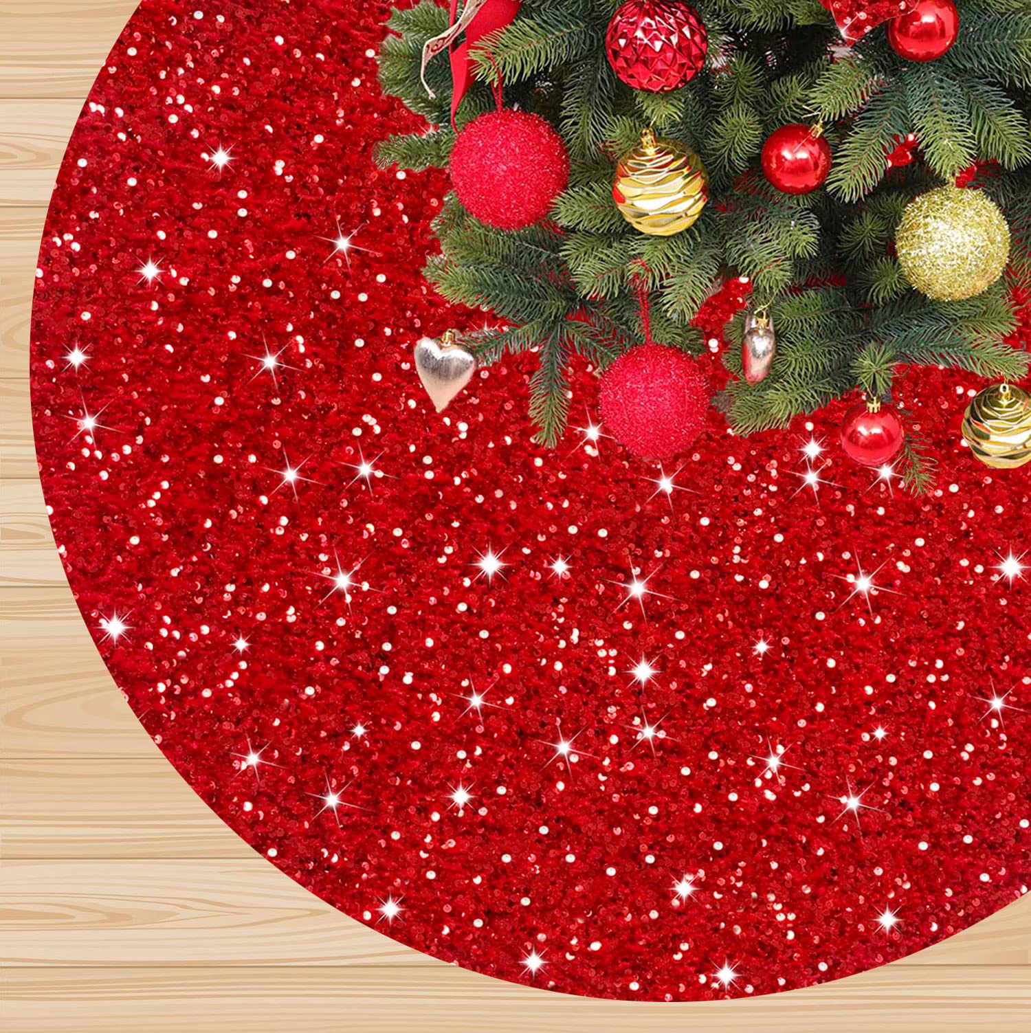 Foto 2 pulgar | Falda Para Árbol De Navidad Fanproms Con Lentejuelas De Terciopelo Rojo 116 Cm - Venta Internacional.