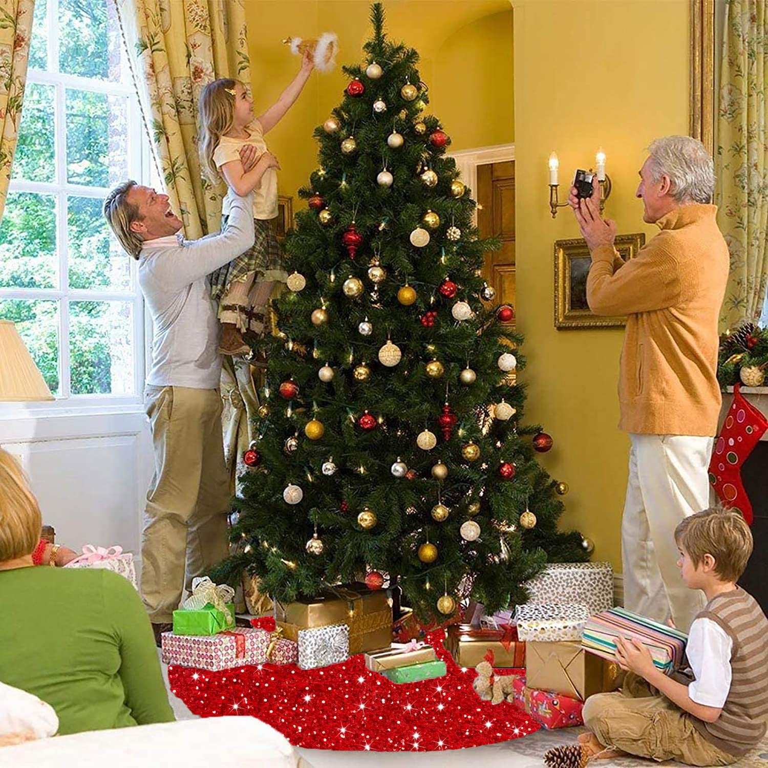 Foto 4 pulgar | Falda Para Árbol De Navidad Fanproms Con Lentejuelas De Terciopelo Rojo 116 Cm - Venta Internacional.