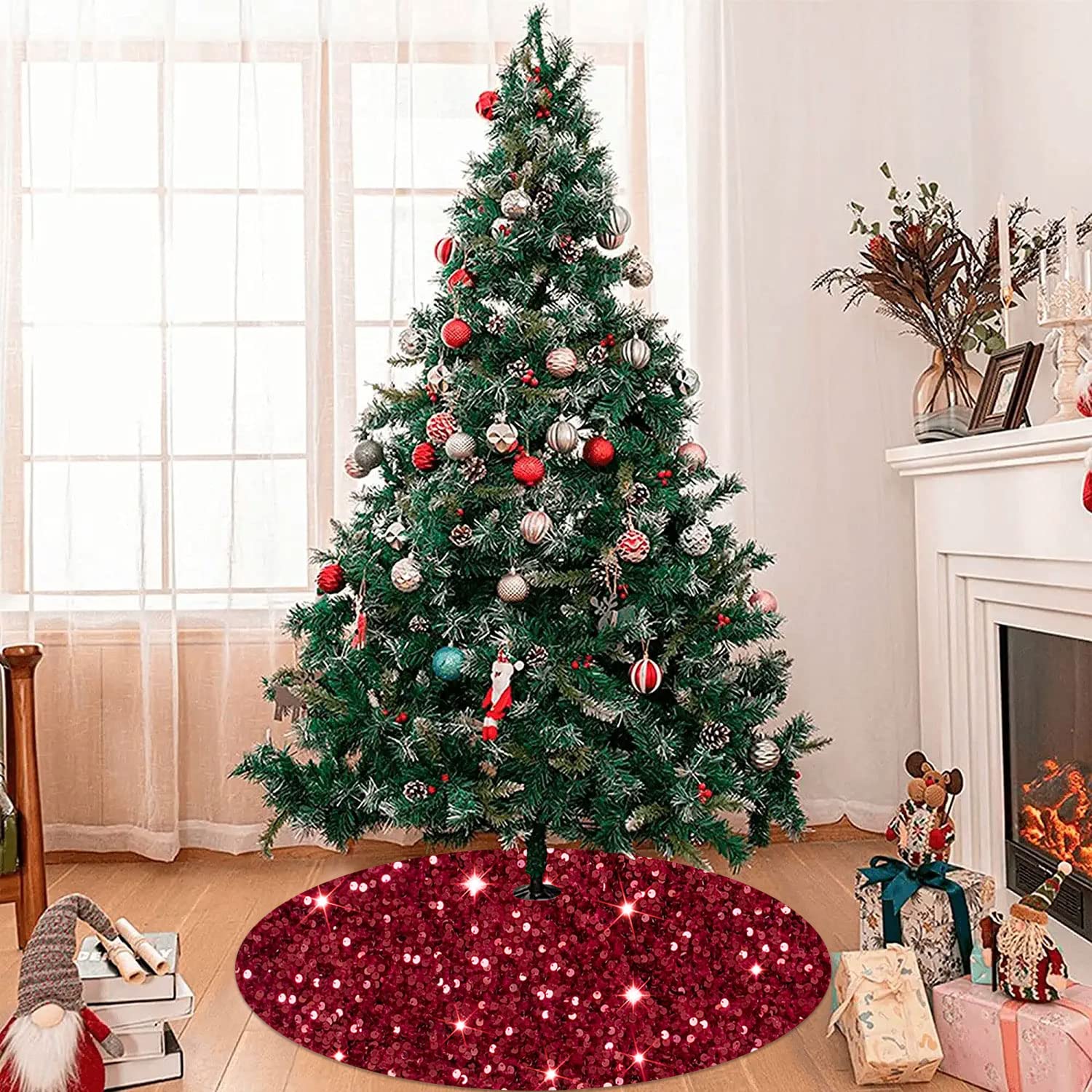 Foto 6 pulgar | Falda Para Árbol De Navidad Modfuns, Lentejuelas, 116 Cm, Terciopelo Burdeos - Venta Internacional.
