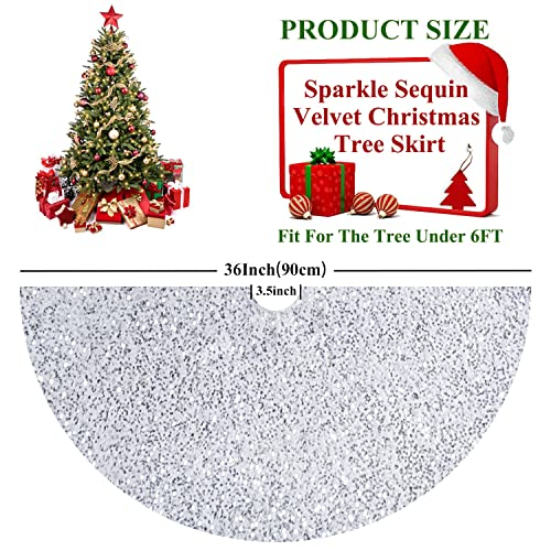 Foto 3 pulgar | Falda De Árbol De Navidad Fuhsy De Terciopelo Blanco/plateado De 90 Cm Con Lentejuelas - Venta Internacional.