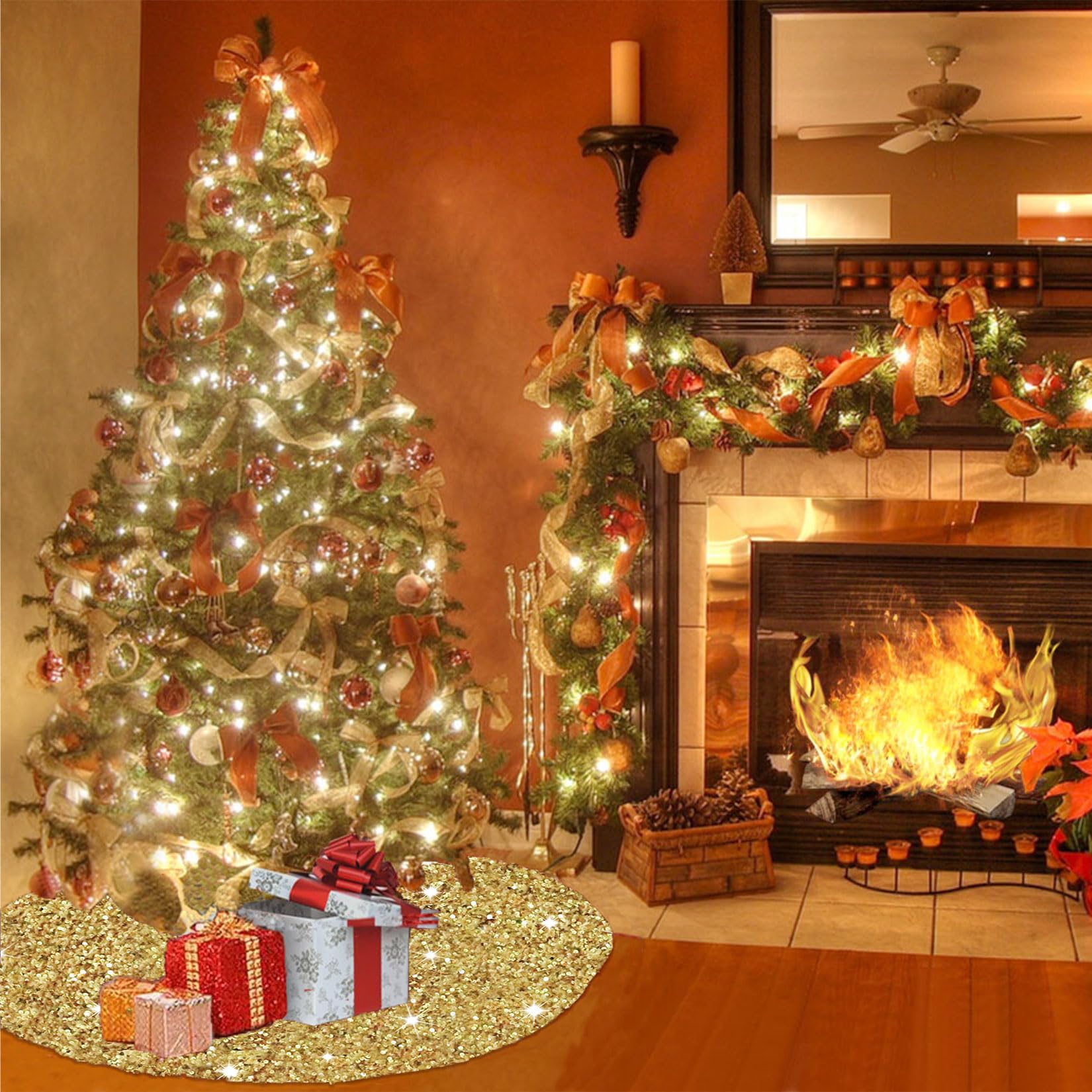 Foto 4 | Falda Para Árbol De Navidad Fuhsy, Terciopelo Con Lentejuelas Doradas, 120 Cm - Venta Internacional.