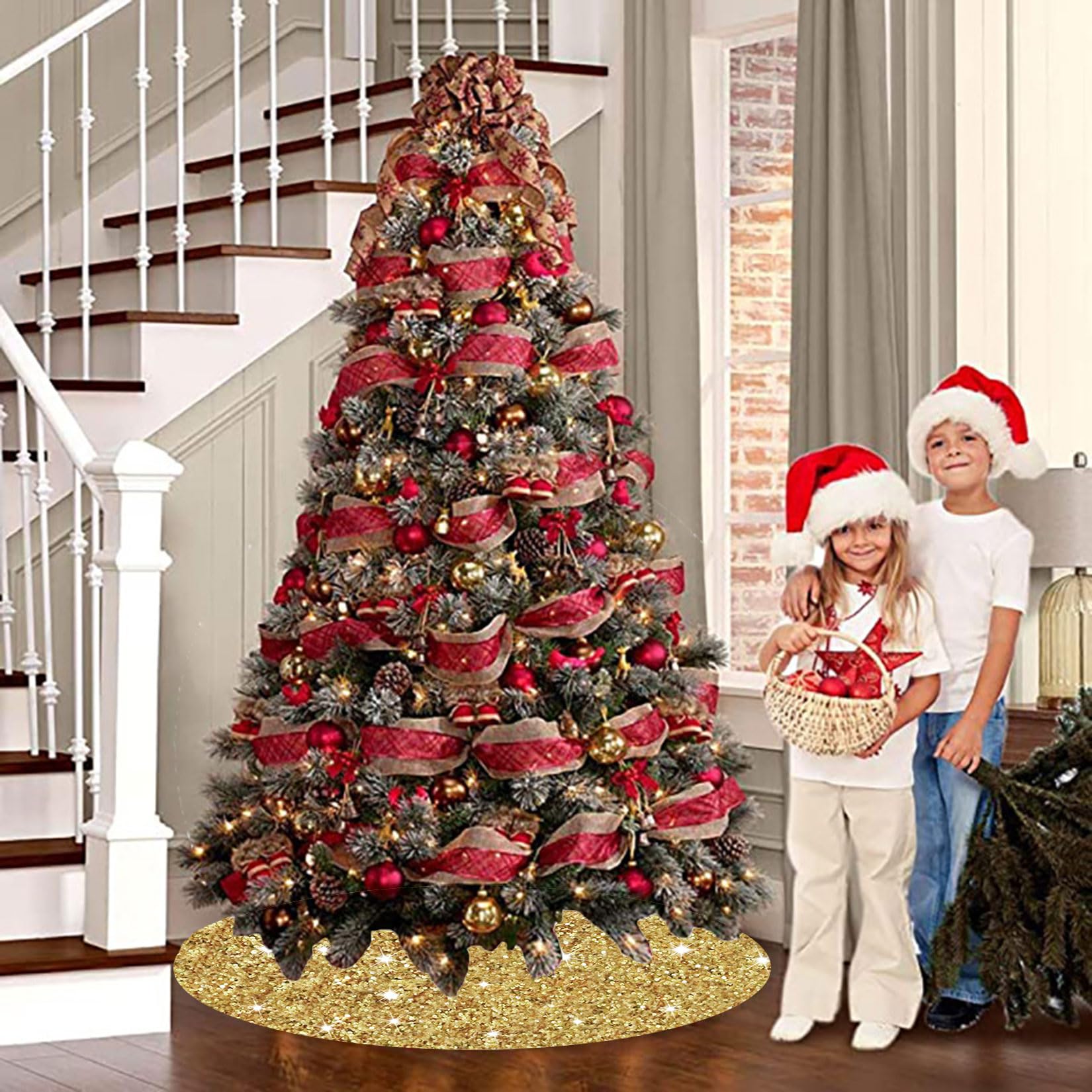 Foto 5 | Falda Para Árbol De Navidad Fuhsy, Terciopelo Con Lentejuelas Doradas, 120 Cm - Venta Internacional.