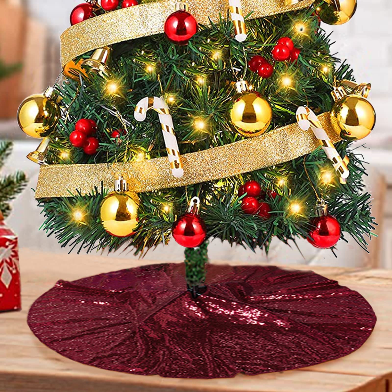 Foto 2 pulgar | Falda Para Árbol De Navidad Con Lentejuelas Shinybeauty, 21 Cm, Color Burdeos - Venta Internacional.