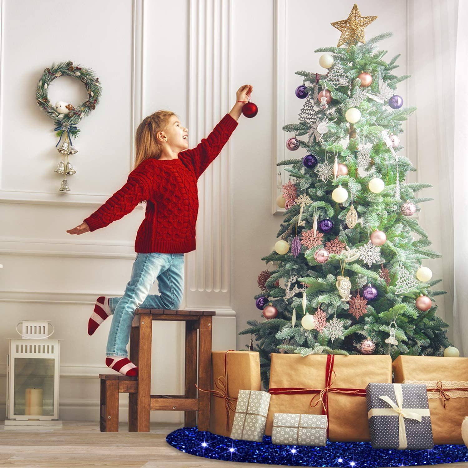 Foto 6 pulgar | Falda Para Árbol De Navidad Modfuns, Lentejuelas Azules, 116 Cm De Diámetro - Venta Internacional.