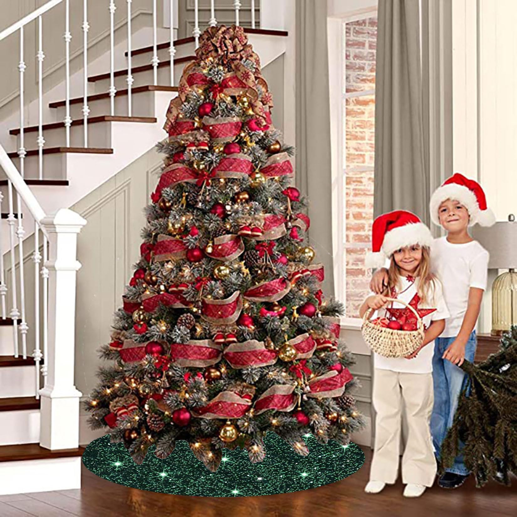 Foto 4 | Falda Para Árbol De Navidad Fuhsy, Terciopelo Con Lentejuelas, 90 Cm, Color Verde - Venta Internacional.