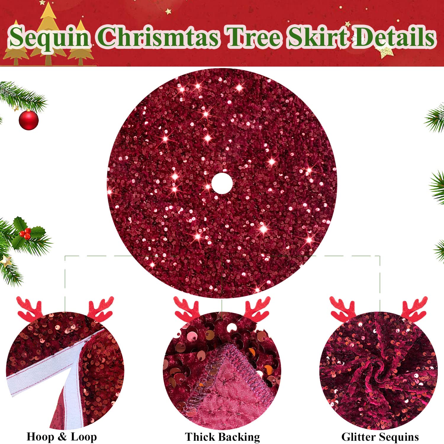 Foto 4 pulgar | Falda Para Árbol De Navidad Modfuns Con Lentejuelas, 36 Cm, Terciopelo Burdeos - Venta Internacional.