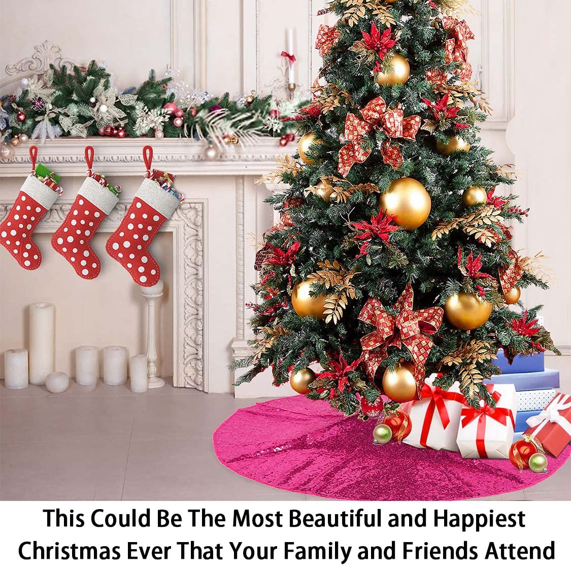Foto 2 | Falda Para Árbol De Navidad, Lentejuelas Shinybeauty, 122 Cm, Rosa Intenso - Venta Internacional.