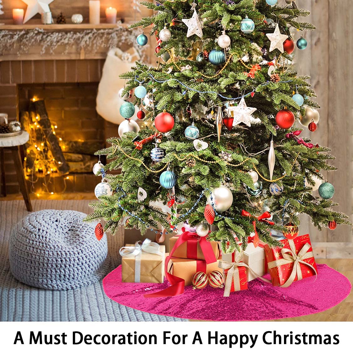 Foto 5 pulgar | Falda Para Árbol De Navidad, Lentejuelas Shinybeauty, 122 Cm, Rosa Intenso - Venta Internacional.