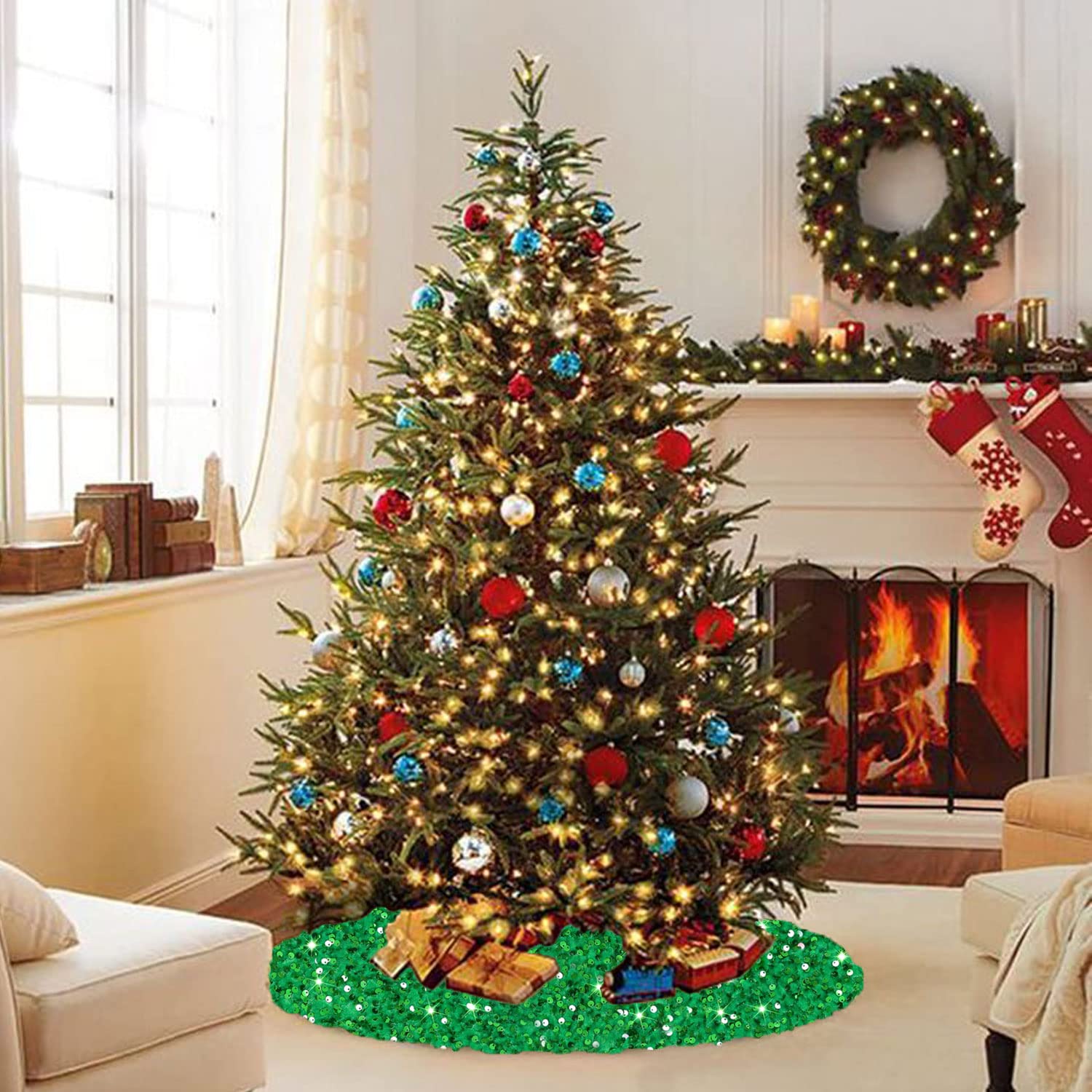 Foto 3 pulgar | Falda Para Árbol De Navidad Fanproms, Lentejuelas Verdes, 53 Cm De Diámetro - Venta Internacional.