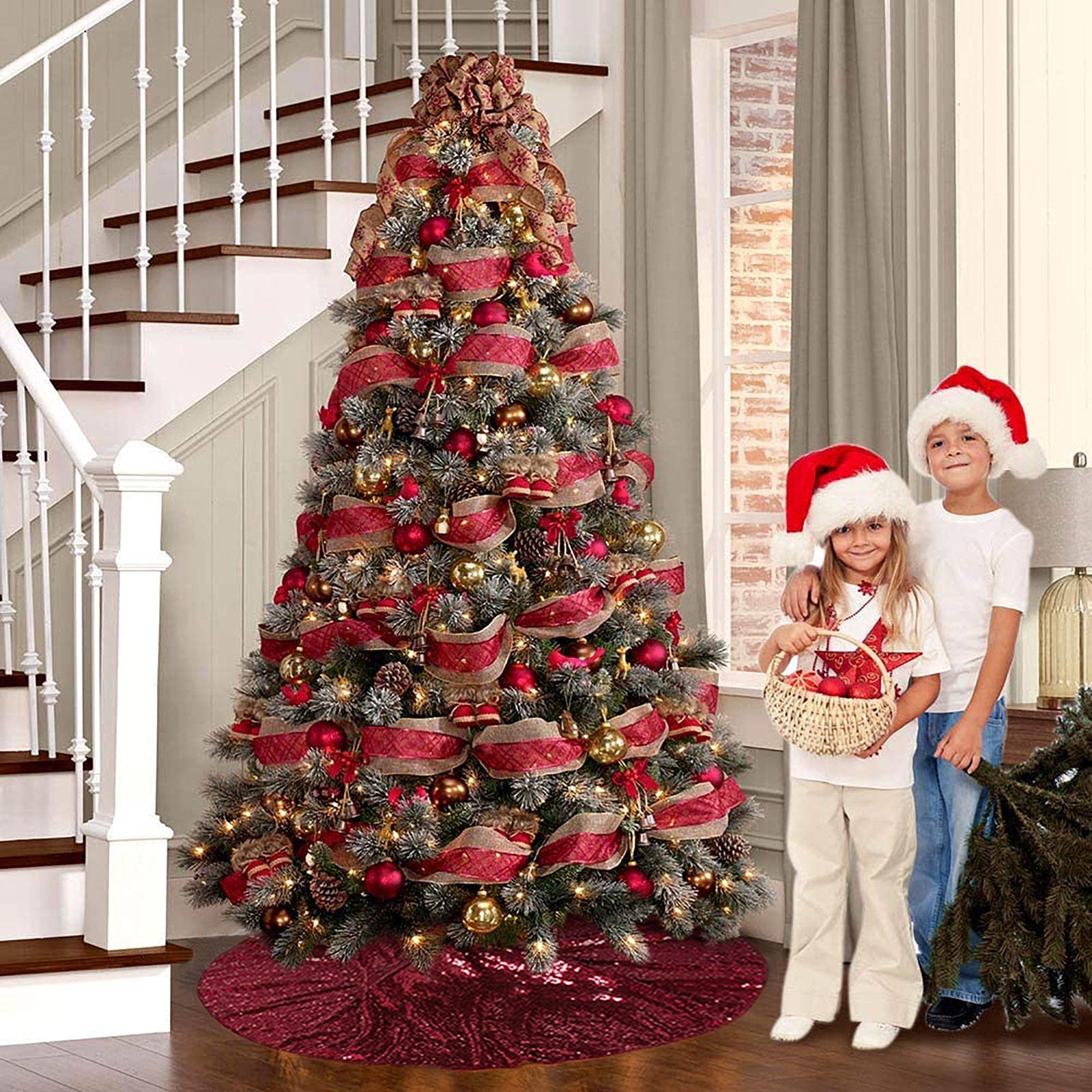 Foto 8 pulgar | Falda Para Árbol De Navidad, Lentejuelas Shinybeauty, 122 Cm, Color Burdeos - Venta Internacional.