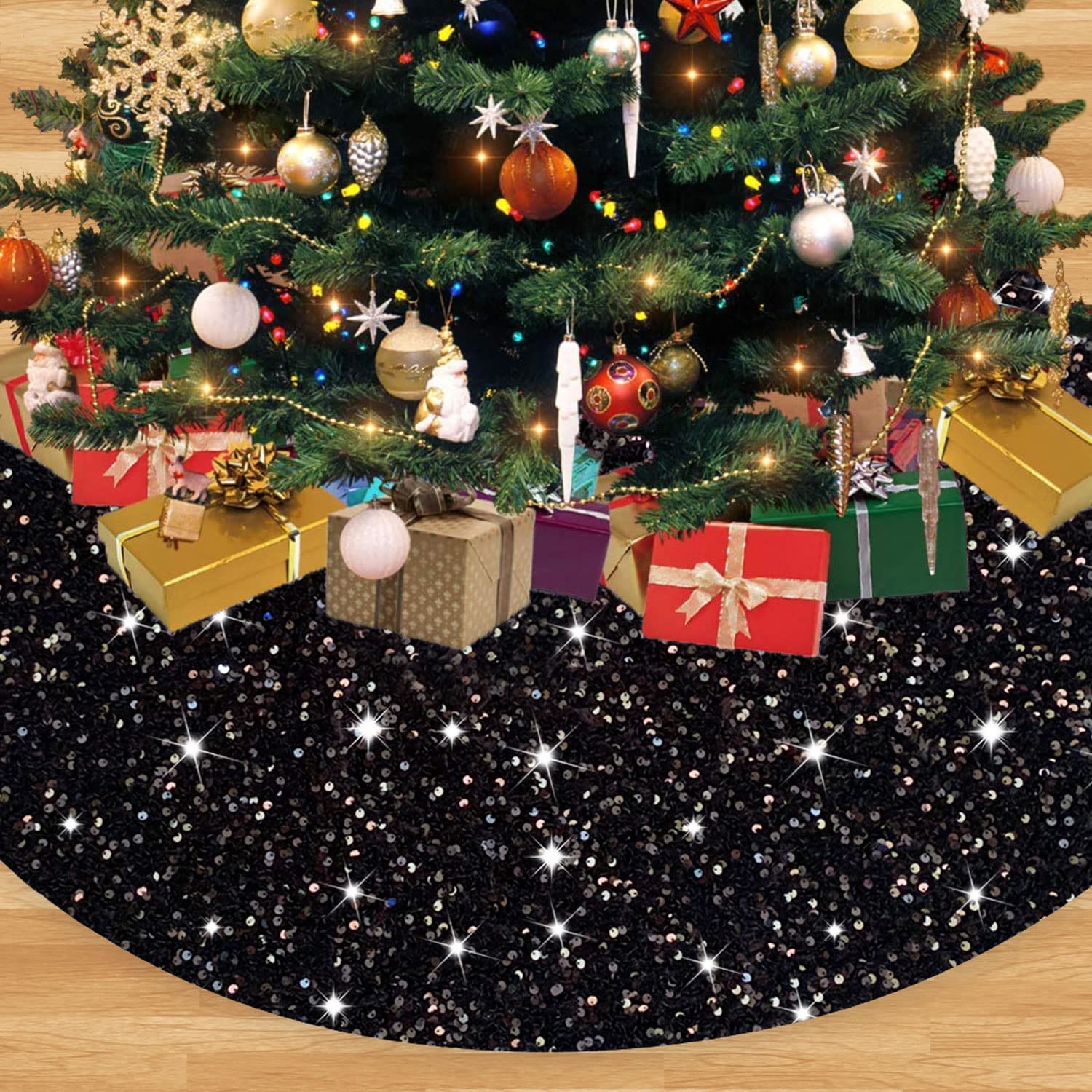 Foto 2 pulgar | Falda Para Árbol De Navidad Fanproms, Terciopelo Negro Con Lentejuelas De 116 Cm - Venta Internacional.