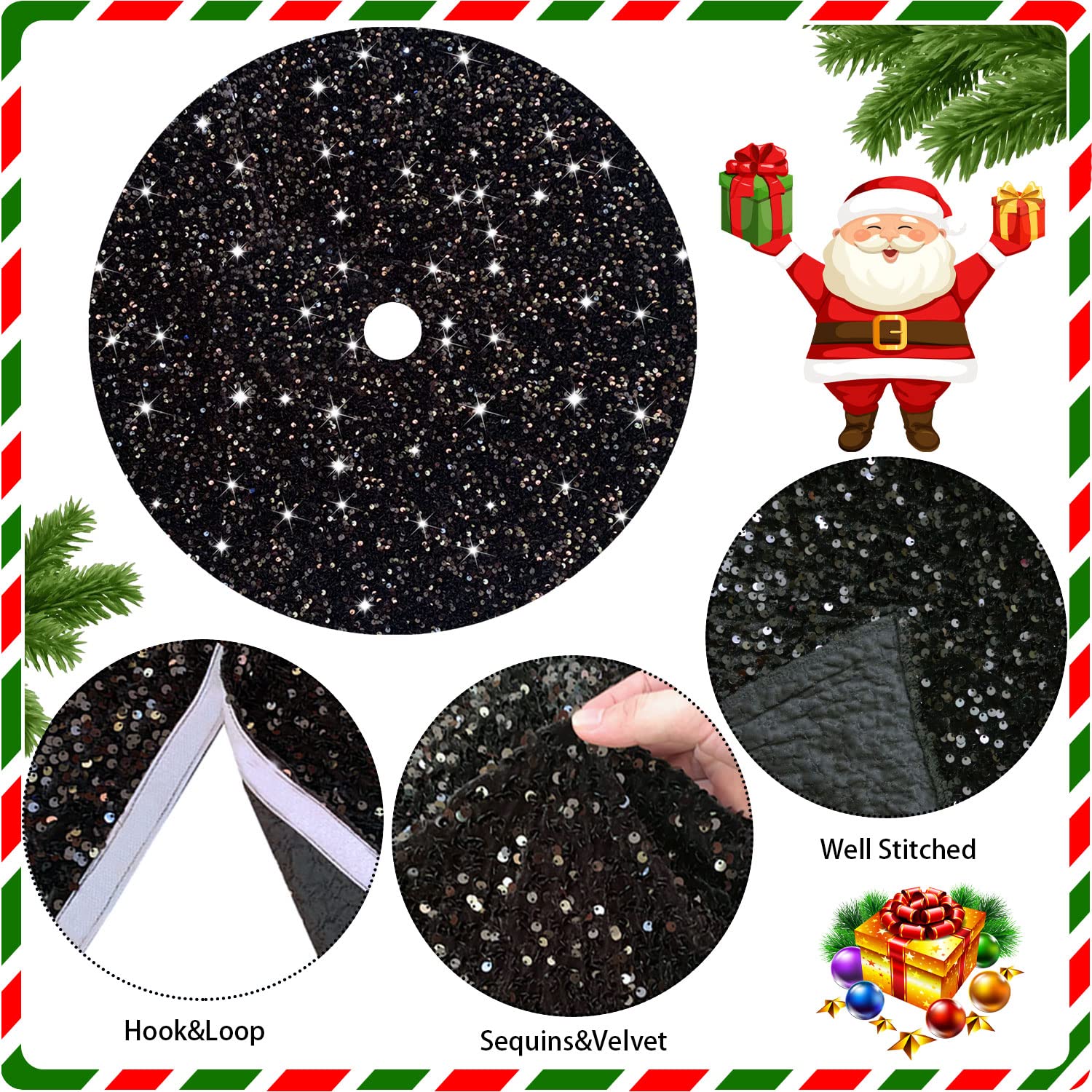 Foto 5 pulgar | Falda Para Árbol De Navidad Fanproms, Terciopelo Negro Con Lentejuelas De 116 Cm - Venta Internacional.