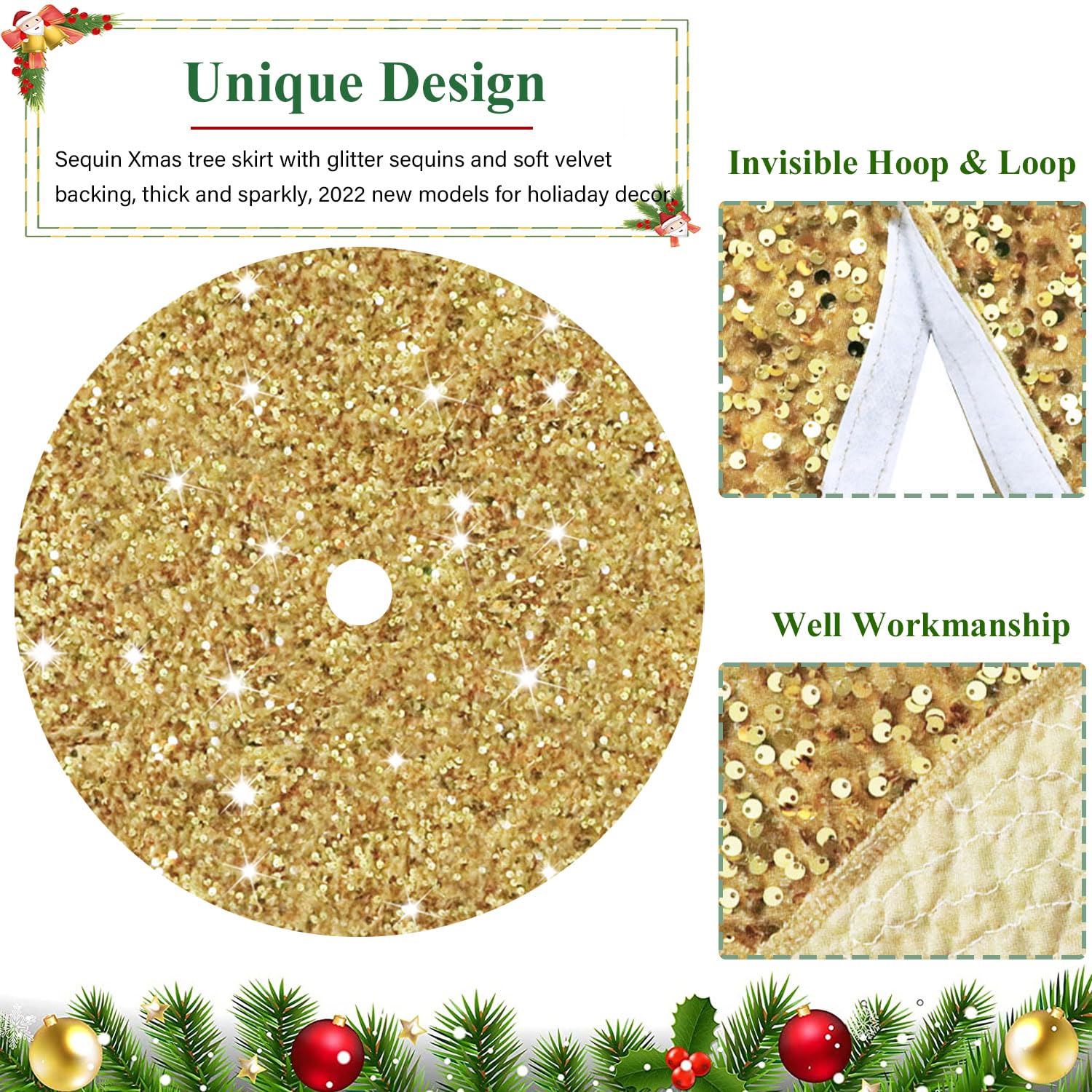 Foto 5 pulgar | Falda Para Árbol De Navidad Fuhsy, Terciopelo Con Lentejuelas Doradas, 21 Cm - Venta Internacional.