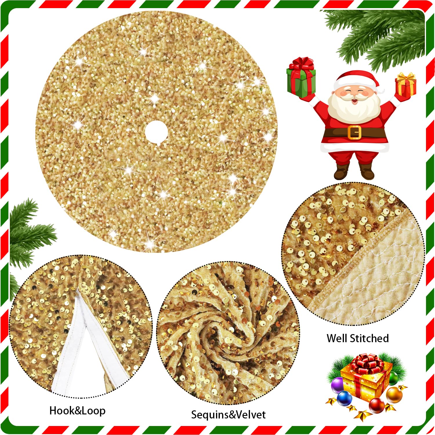 Foto 3 | Falda Para Árbol De Navidad Fanproms Con Lentejuelas Doradas De 90 Cm De Diámetro - Venta Internacional.